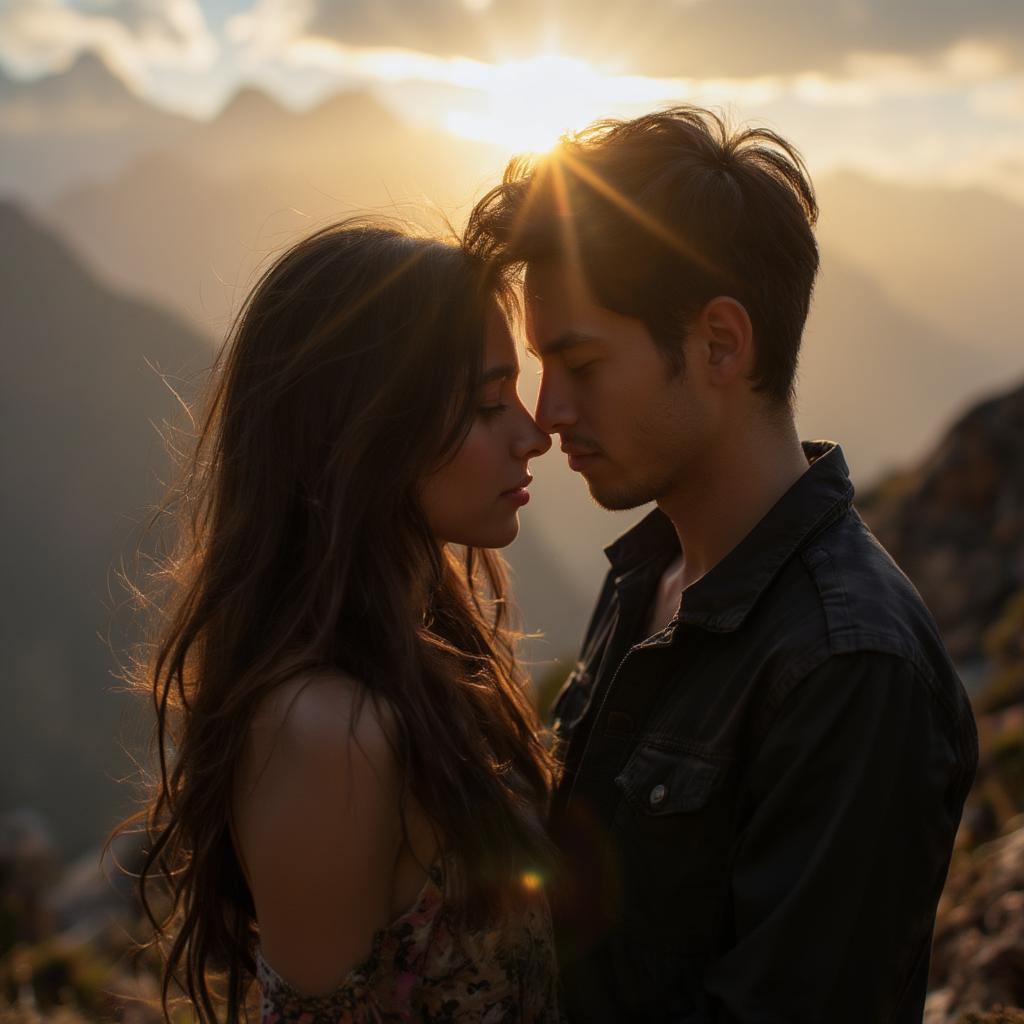 Couple embracing against the backdrop of the Himalayas, showcasing the romanticism of Nepali love quotes.