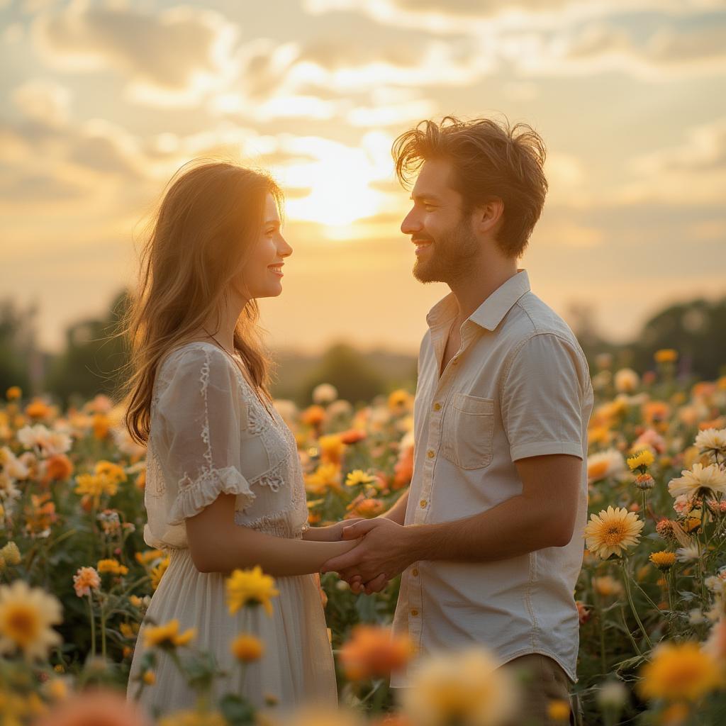 Couple Holding Hands in a Field of Flowers