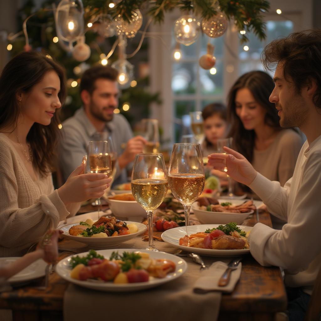 Family gathered around a table for New Year's Eve dinner.