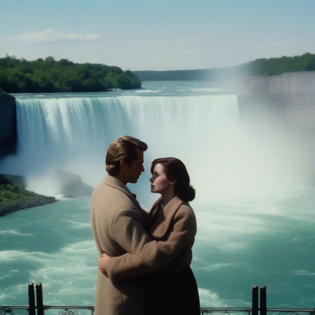 A romantic scene from Falling in Love in Niagara with Niagara Falls in the background