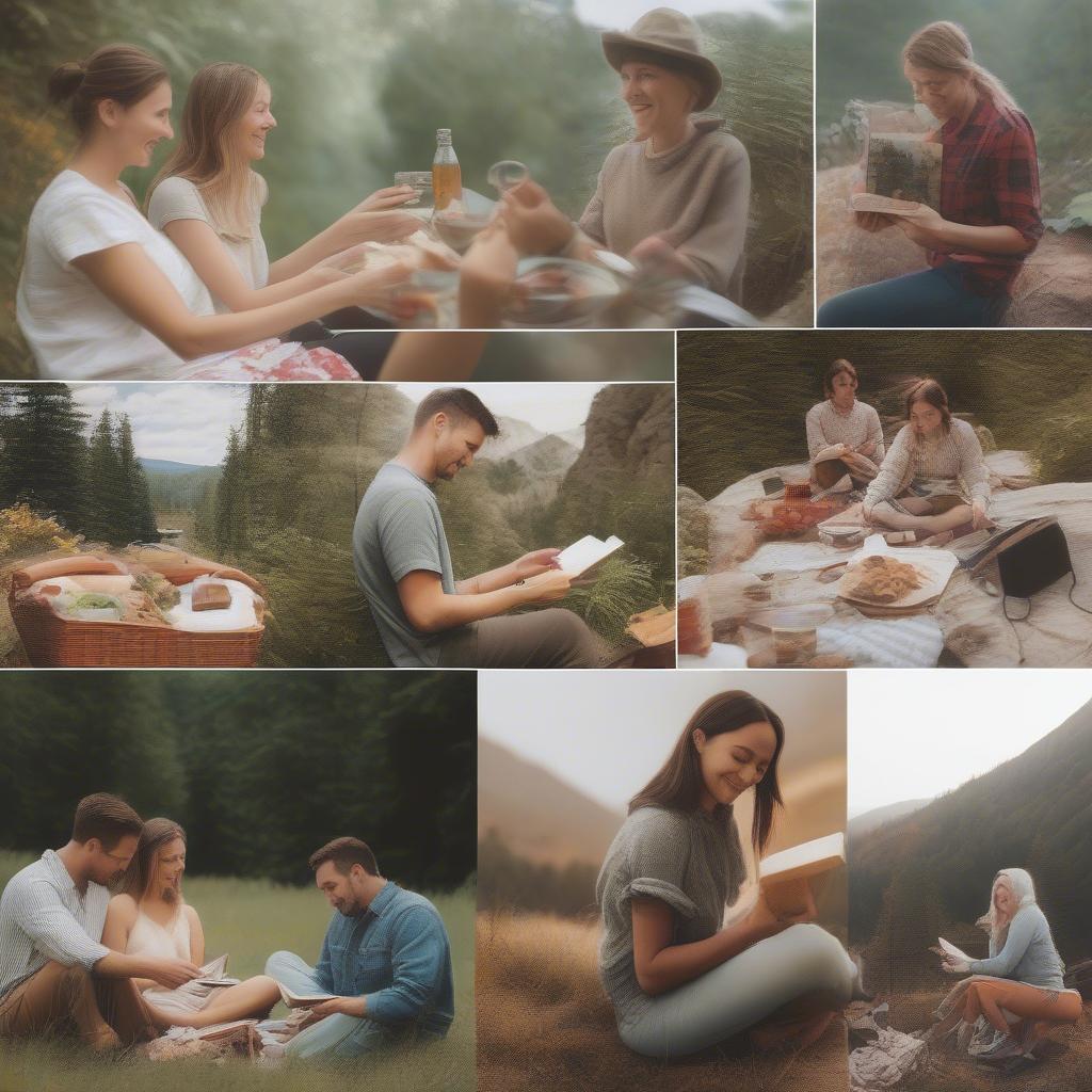 Couple engaging in various activities together, like cooking, hiking, and reading, symbolizing shared experiences and connection.