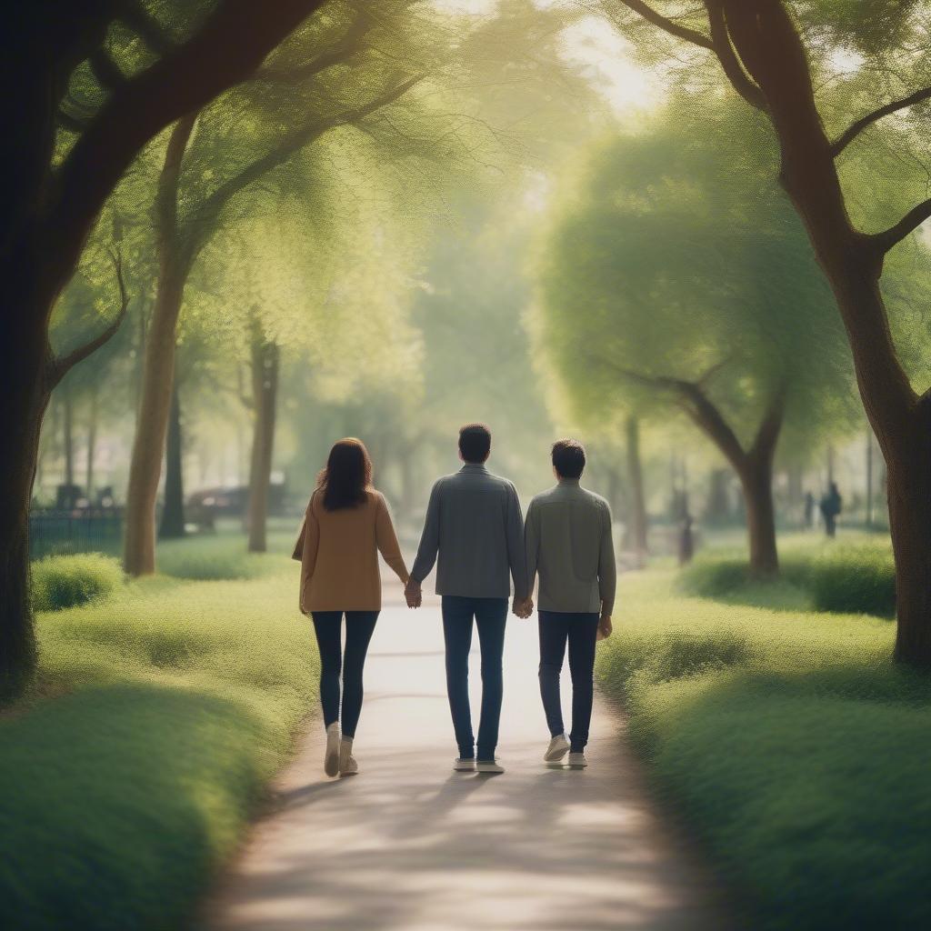 Couple walking hand-in-hand in a park