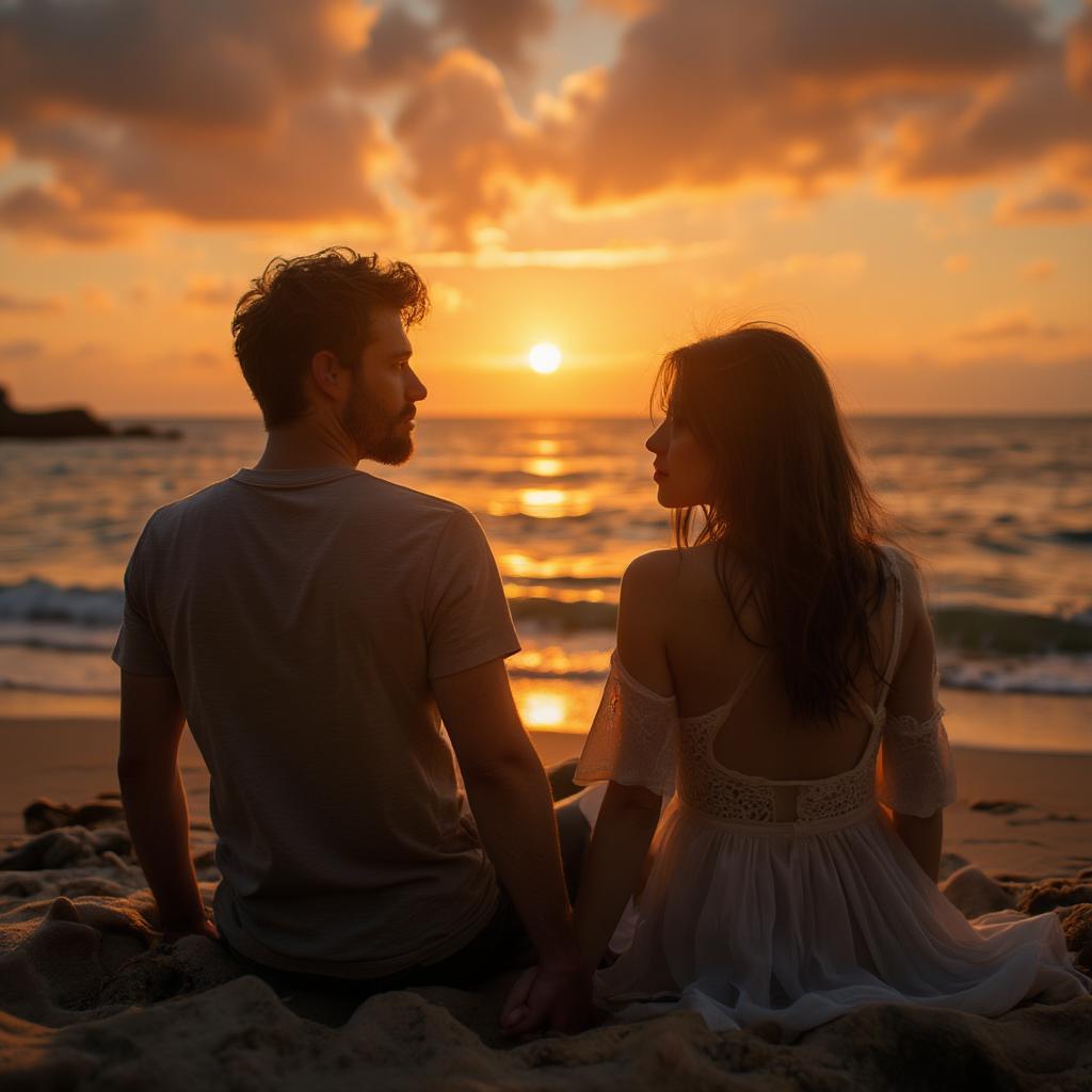 Couple watching sunset on the beach, hands intertwined, reflecting the romantic atmosphere evoked by ocean-themed love quotes.