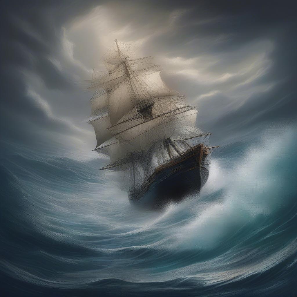 A dramatic image of a ship battling a storm at sea, with the quote "Our love, like the ocean, can weather any storm." superimposed on the image.