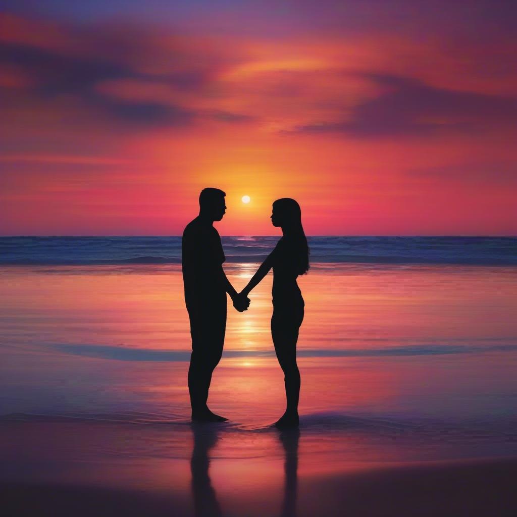 Sunset over a Calm Ocean with Two Silhouettes Holding Hands