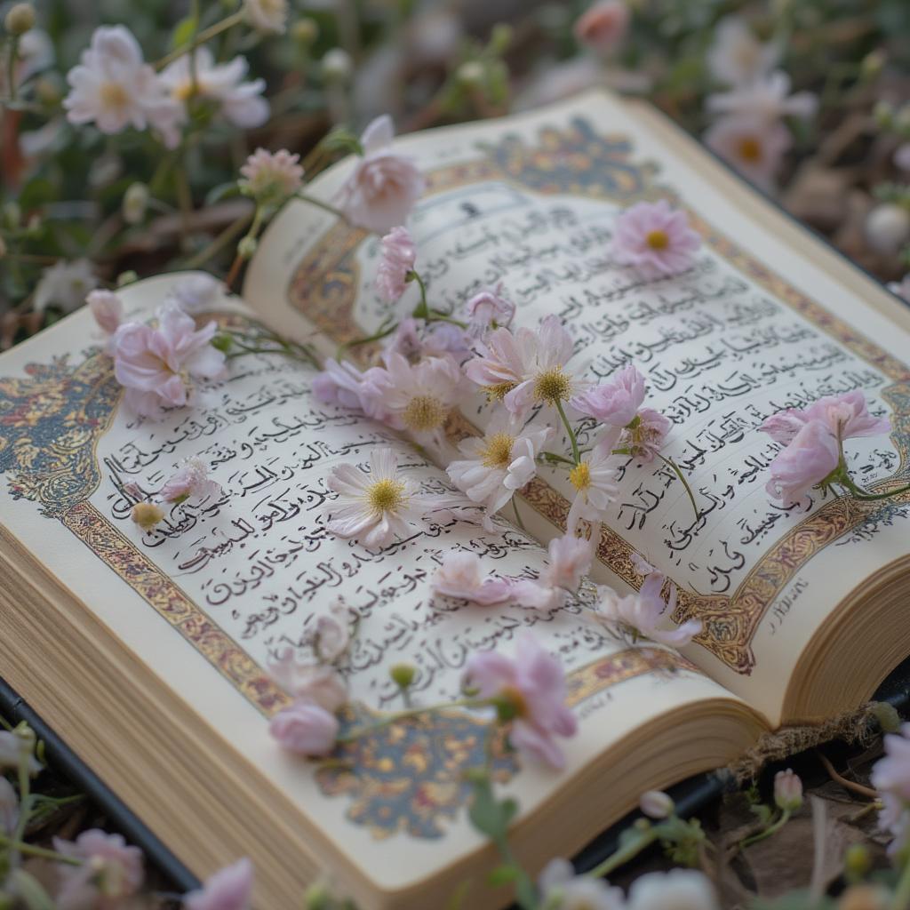 An open Quran with flowers