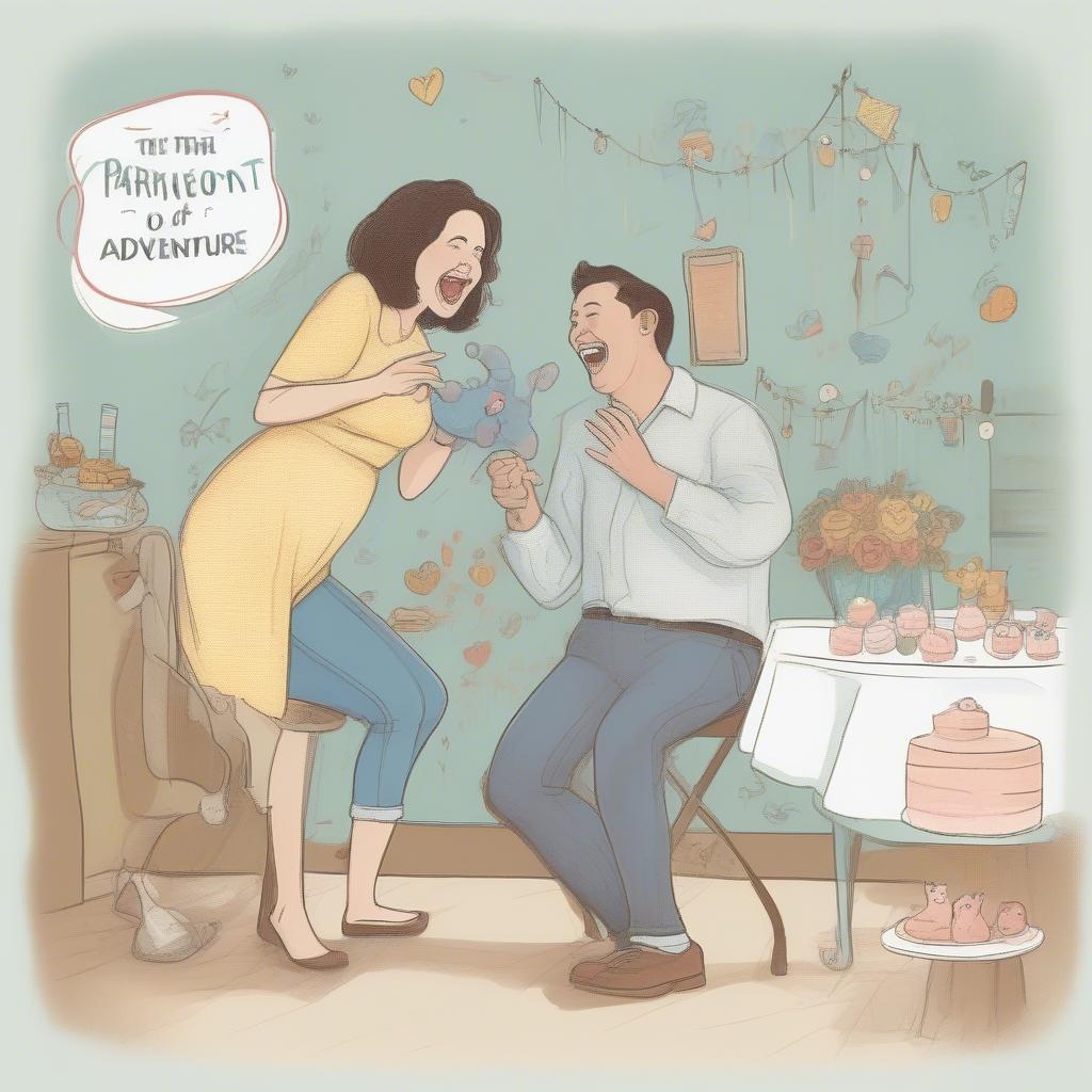 Parents laughing at a funny baby shower card.