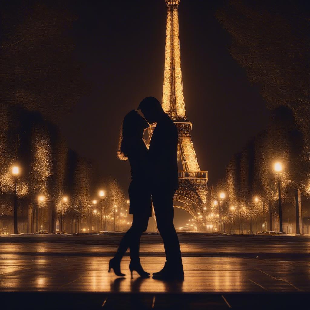 Couple Kissing with Eiffel Tower in Background