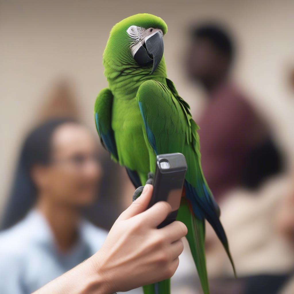 A parrot perched on a shoulder, mimicking the sounds of a phone conversation.