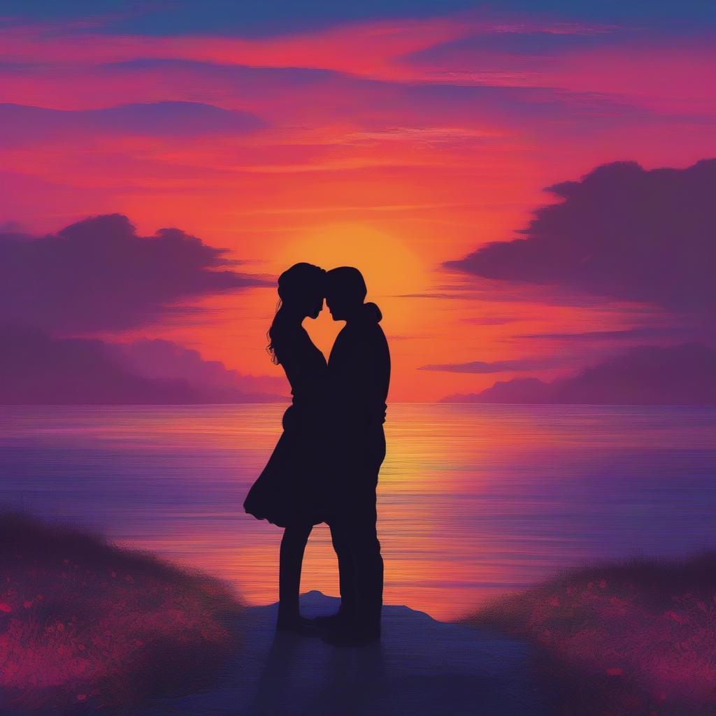 Couple embracing at sunset, symbolizing passionate love