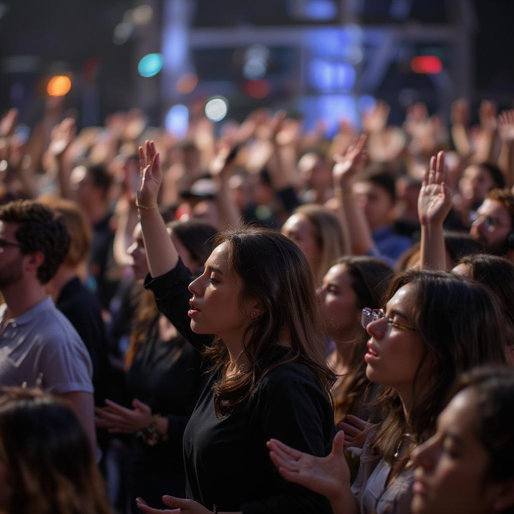 People raising their hands in worship during a performance of How He Loves