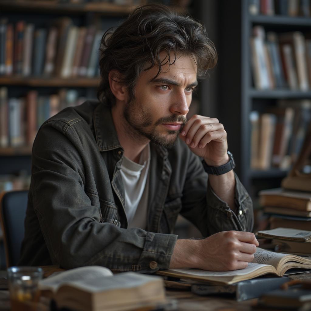 A thoughtful man sitting in a library, surrounded by books, contemplating the meaning of love and life.