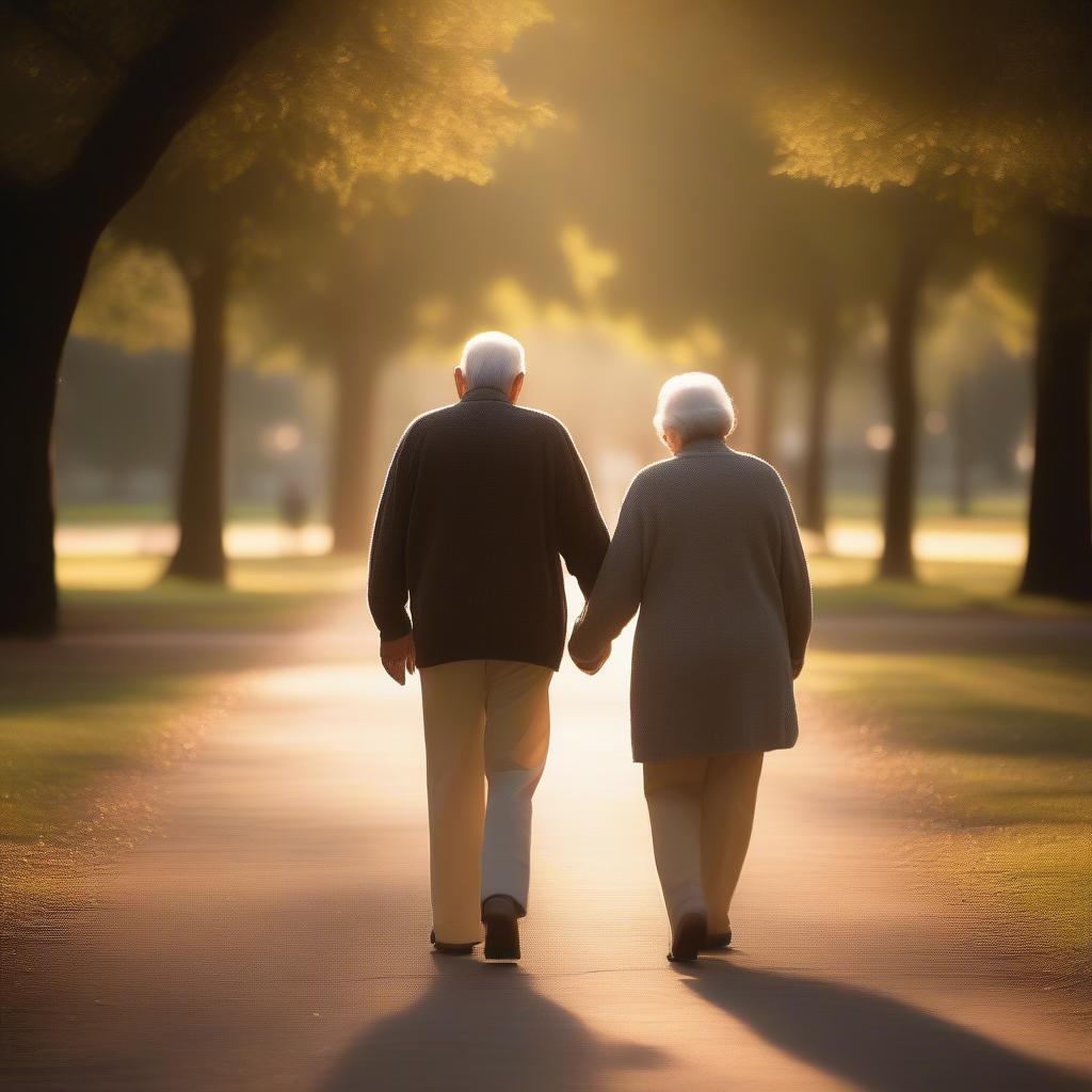 Elderly Couple Holding Hands, Walking in a Park