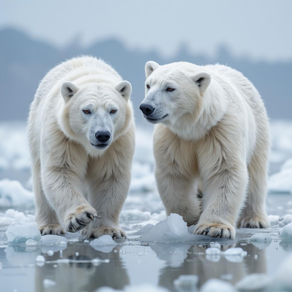 Polar bears engaging in courtship rituals on the vast expanse of Arctic ice.