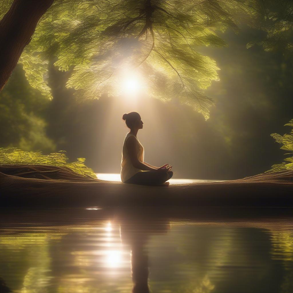 A person meditating peacefully in nature, surrounded by lush greenery