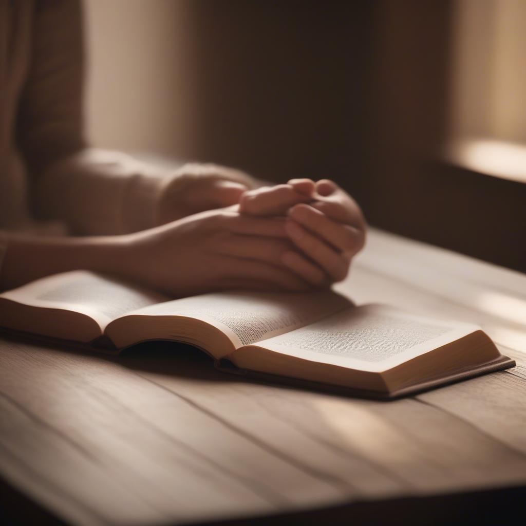 Open Bible with hands clasped in prayer, symbolizing finding peace through faith.