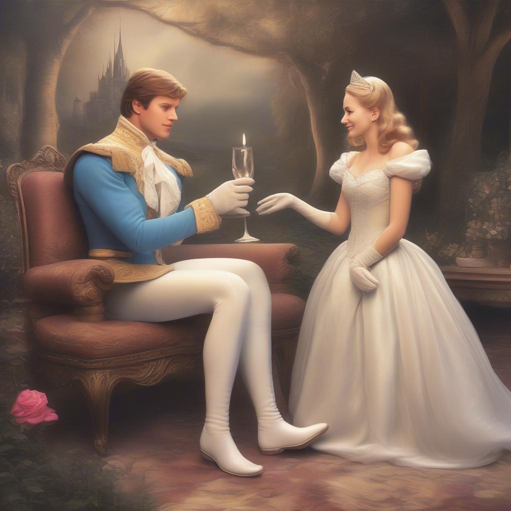 A prince charming holding a glass slipper, gazing lovingly at a princess