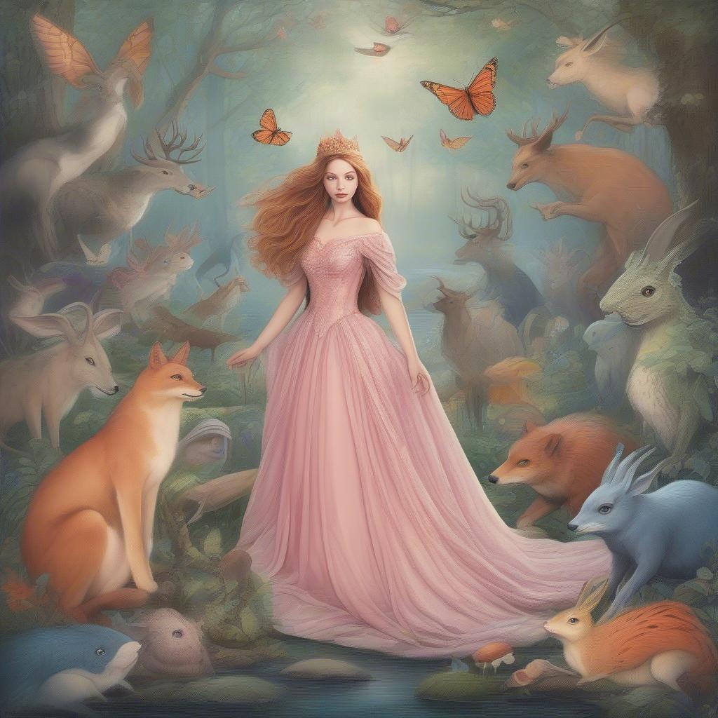 A princess in a flowing gown, surrounded by enchanted forest creatures