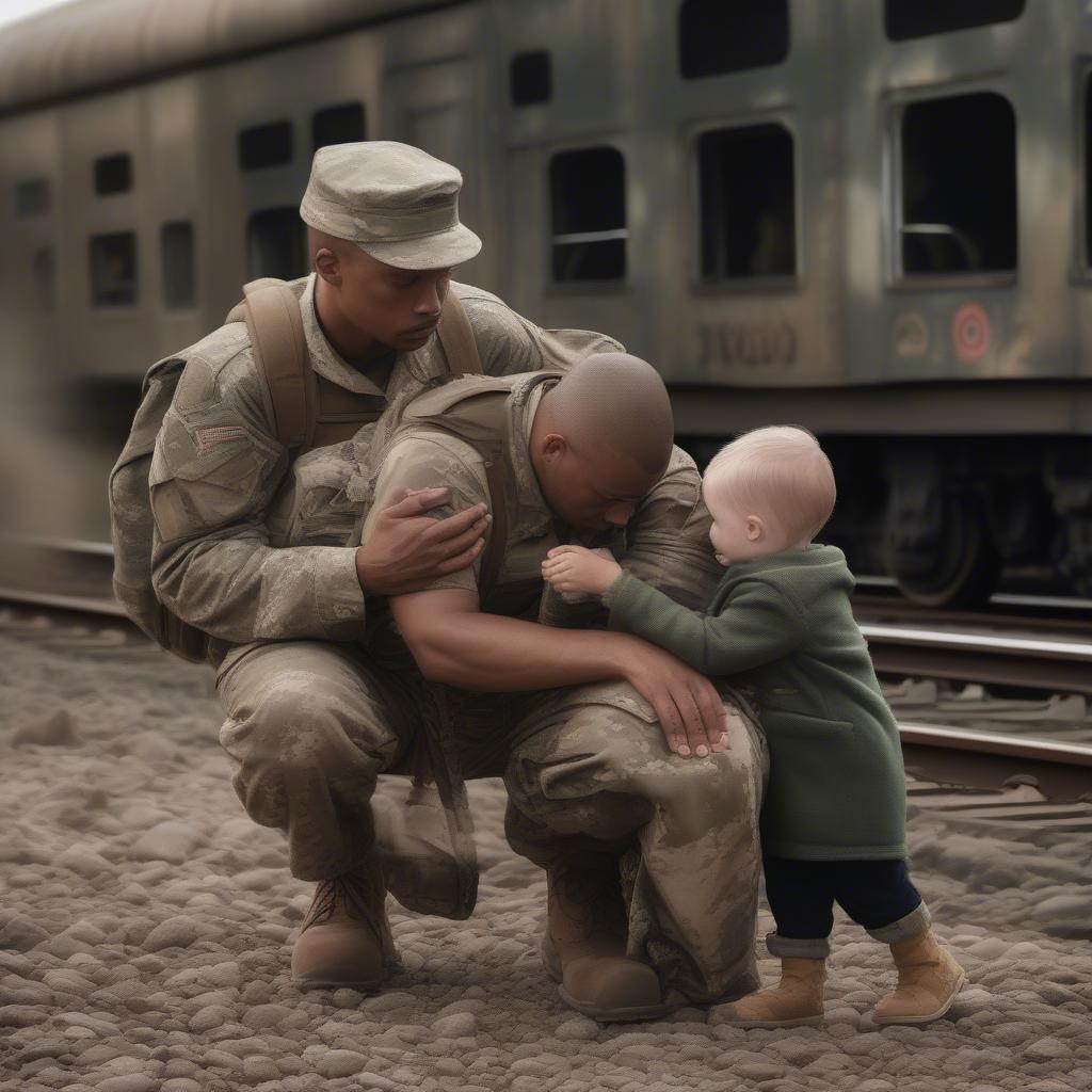 Soldier saying goodbye to family before deployment