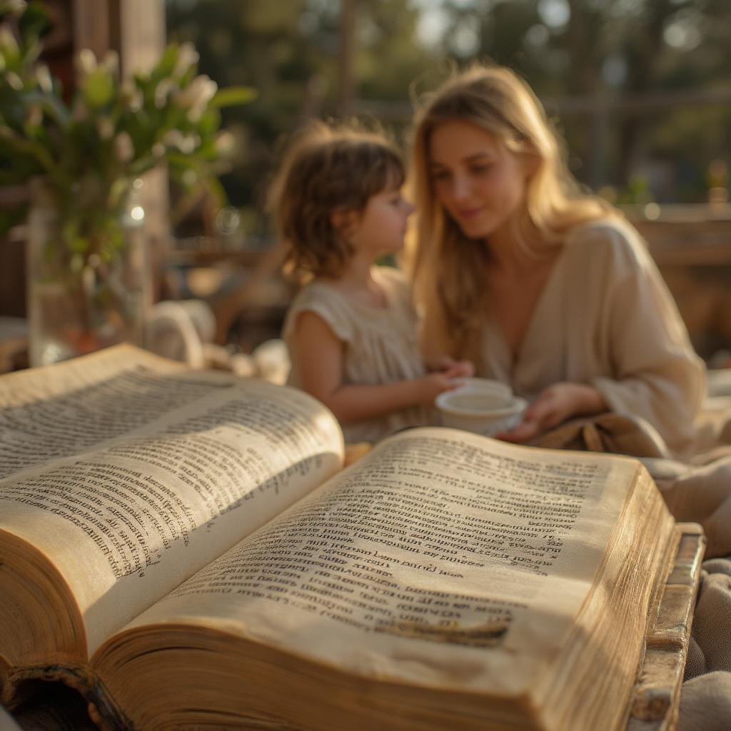 Open Bible with Proverbs Highlighted, Soft Focus on Mother and Child