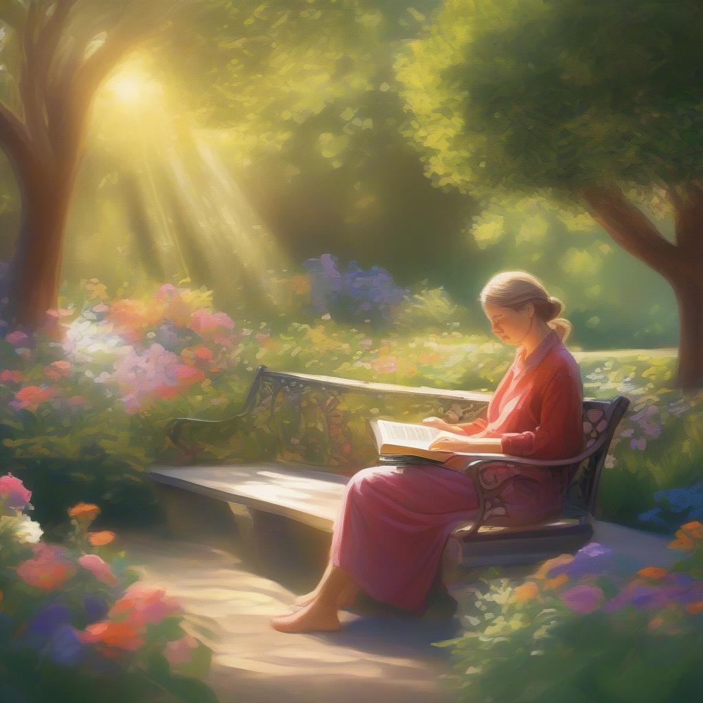 Quotes for a healing broken heart - A person sitting peacefully in a garden, reading a book of quotes, surrounded by lush greenery and flowers.