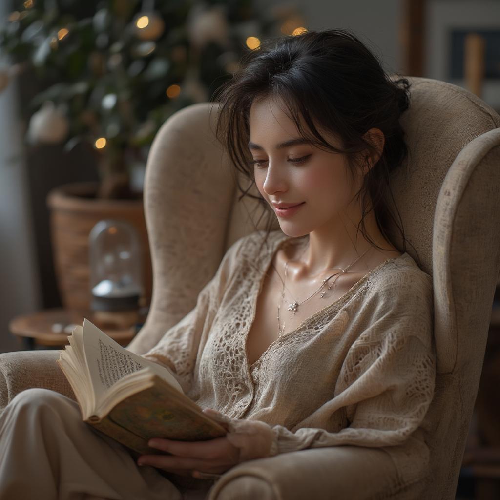 A woman engrossed in a book, a soft smile gracing her lips.