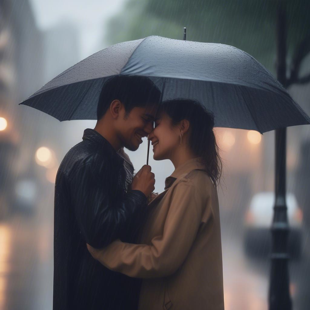 Couple hugging under an umbrella on a rainy day