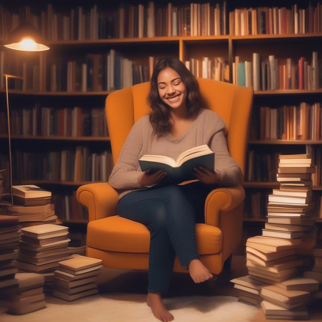 A person relaxing in a cozy chair, surrounded by books, enjoying the act of reading.