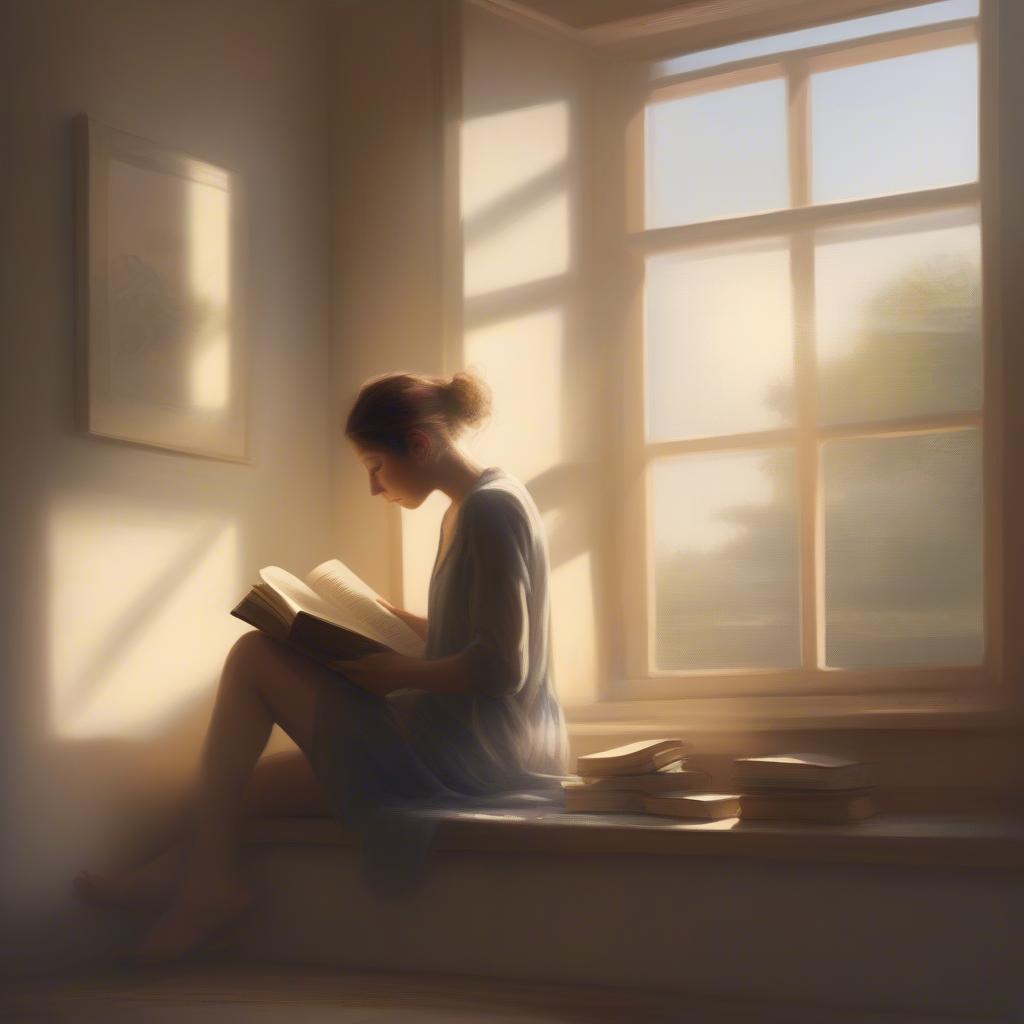 A person reading a book by a window, bathed in natural light.