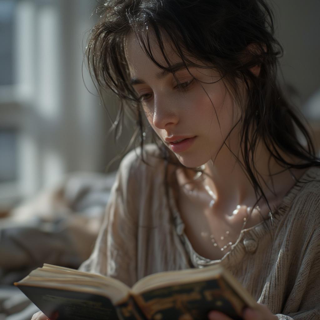 Person Reading a Book with a Thoughtful Expression