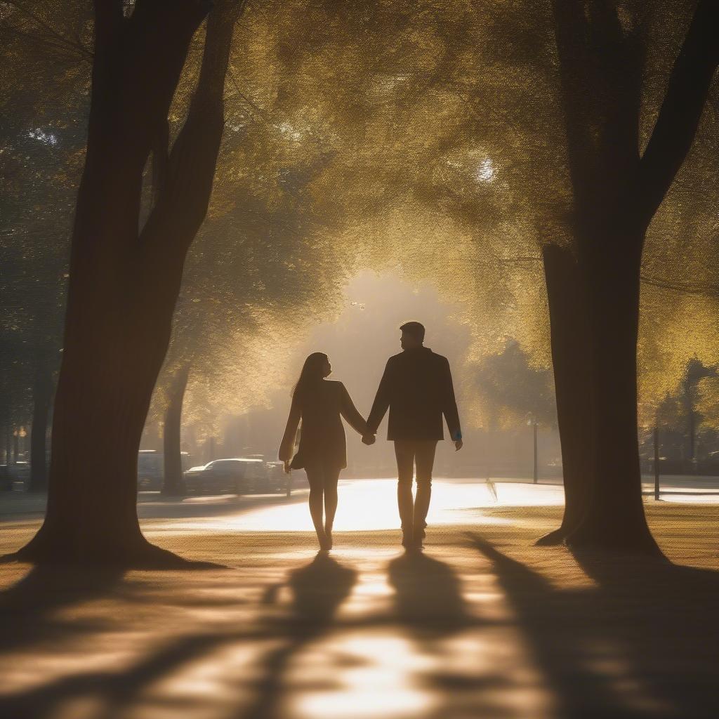 Couple walking hand-in-hand in a park, symbolizing real-life connection.