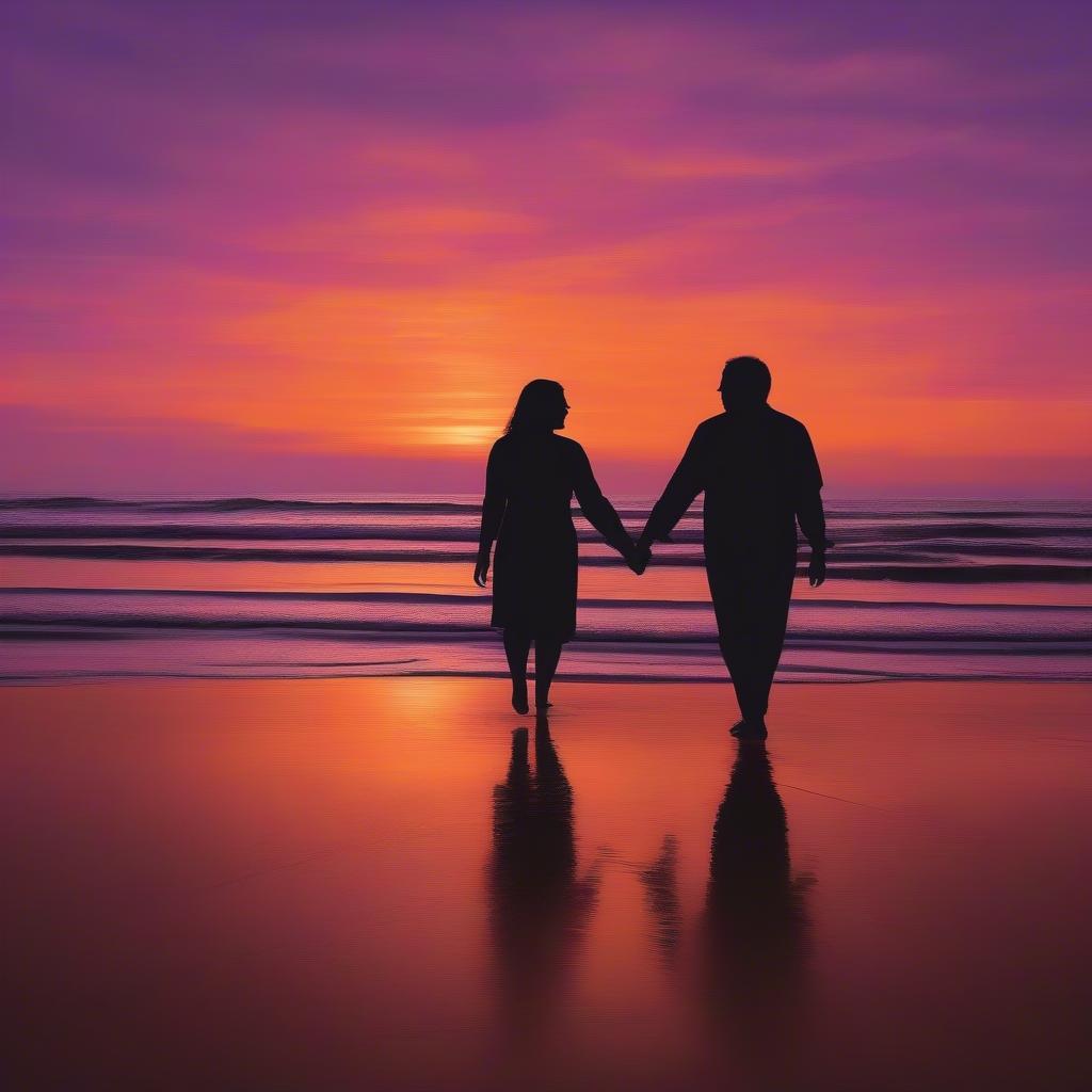 Rebuilding Trust: A couple walks hand-in-hand along a beach at sunset, their silhouettes outlined against the vibrant sky.