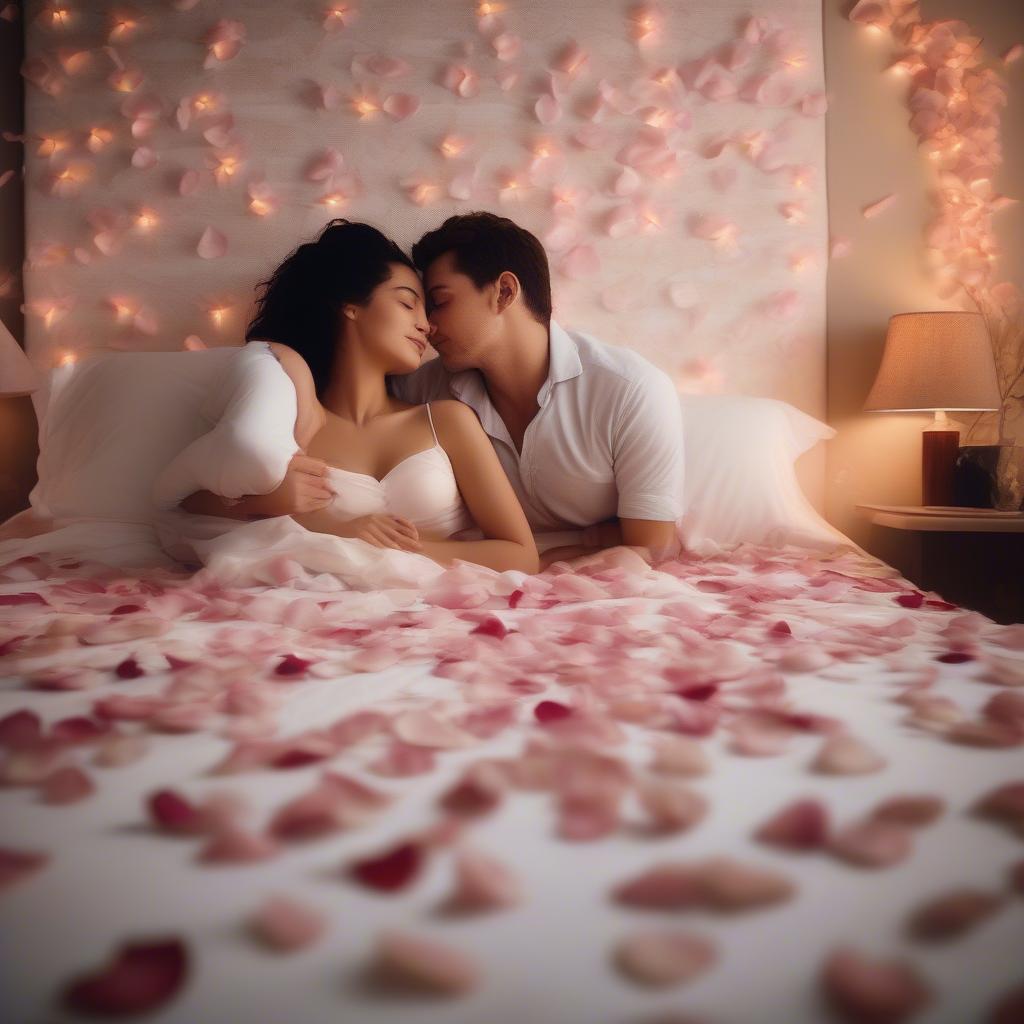 Romantic Atmosphere: A couple embracing in bed with soft lighting and rose petals scattered around.