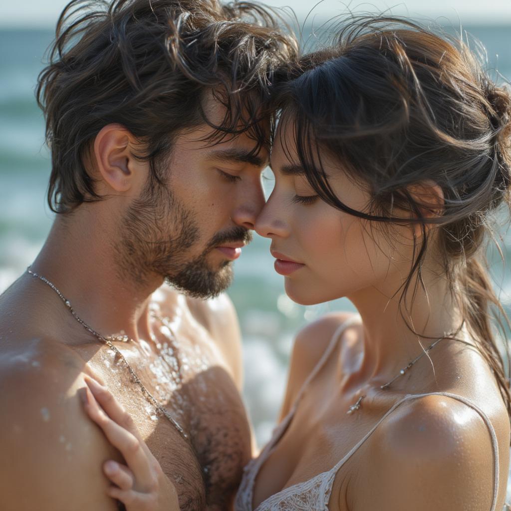 Couple embracing on the beach with ocean waves in the background, ideal for romantic quotes