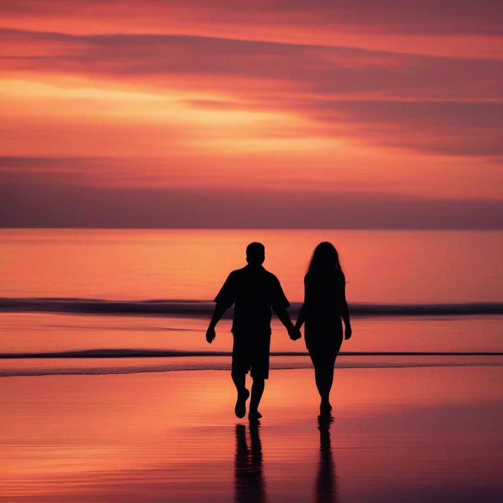 Couple walking hand-in-hand on a beach at sunset