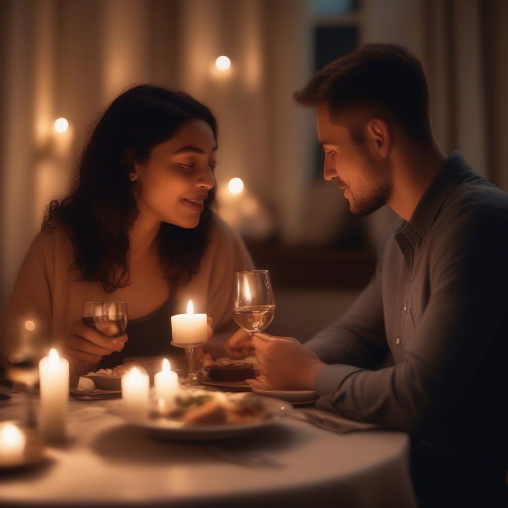 A romantic couple sharing a candlelit dinner, enhancing their connection with meaningful words.