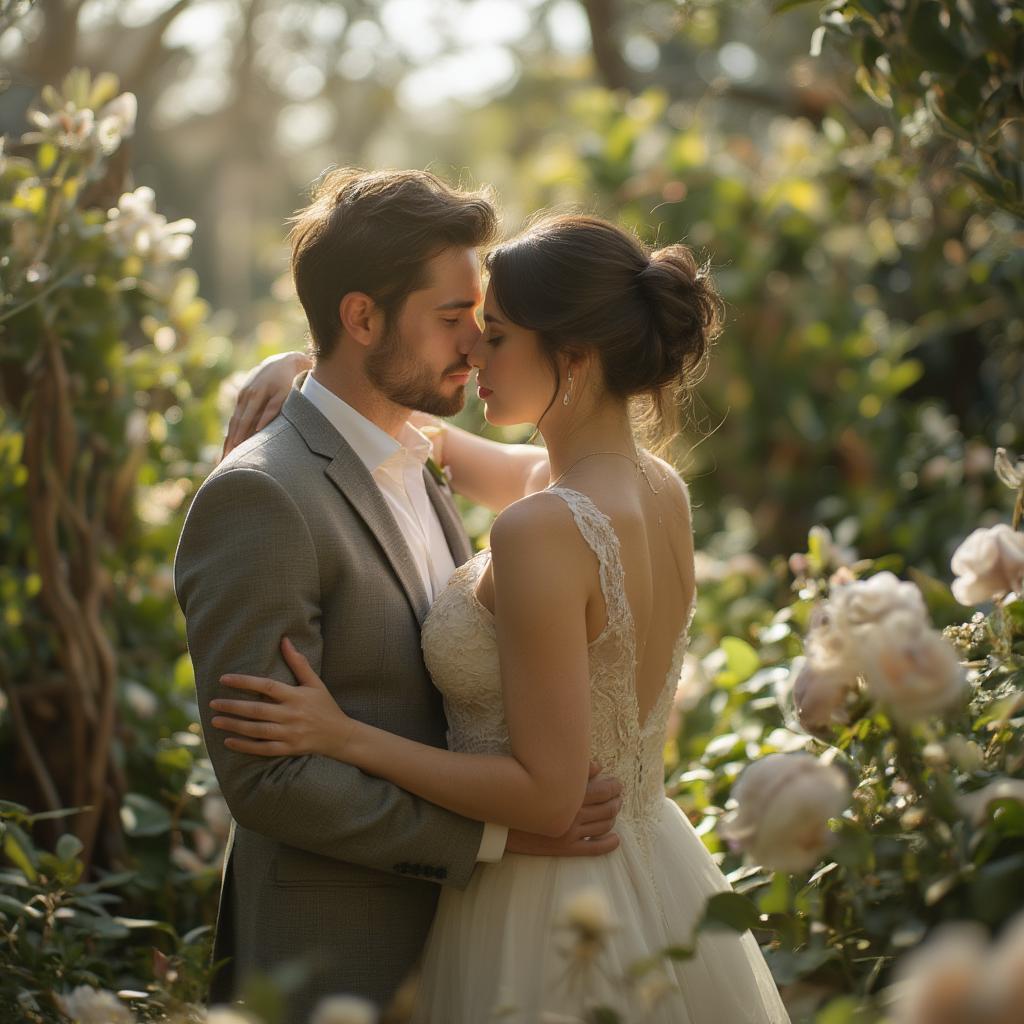 Romantic Couple Embracing in a Garden