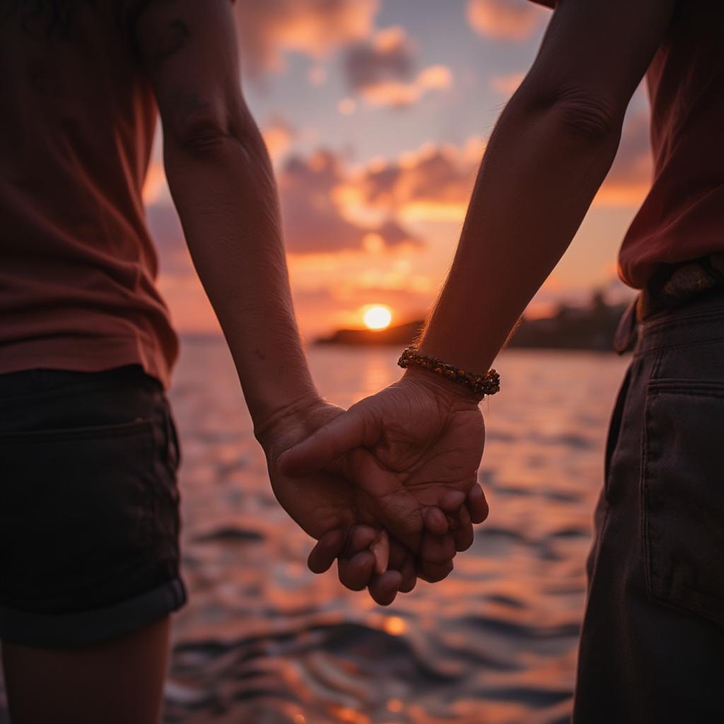 Couple holding hands at sunset on a beach during a love photoshoot