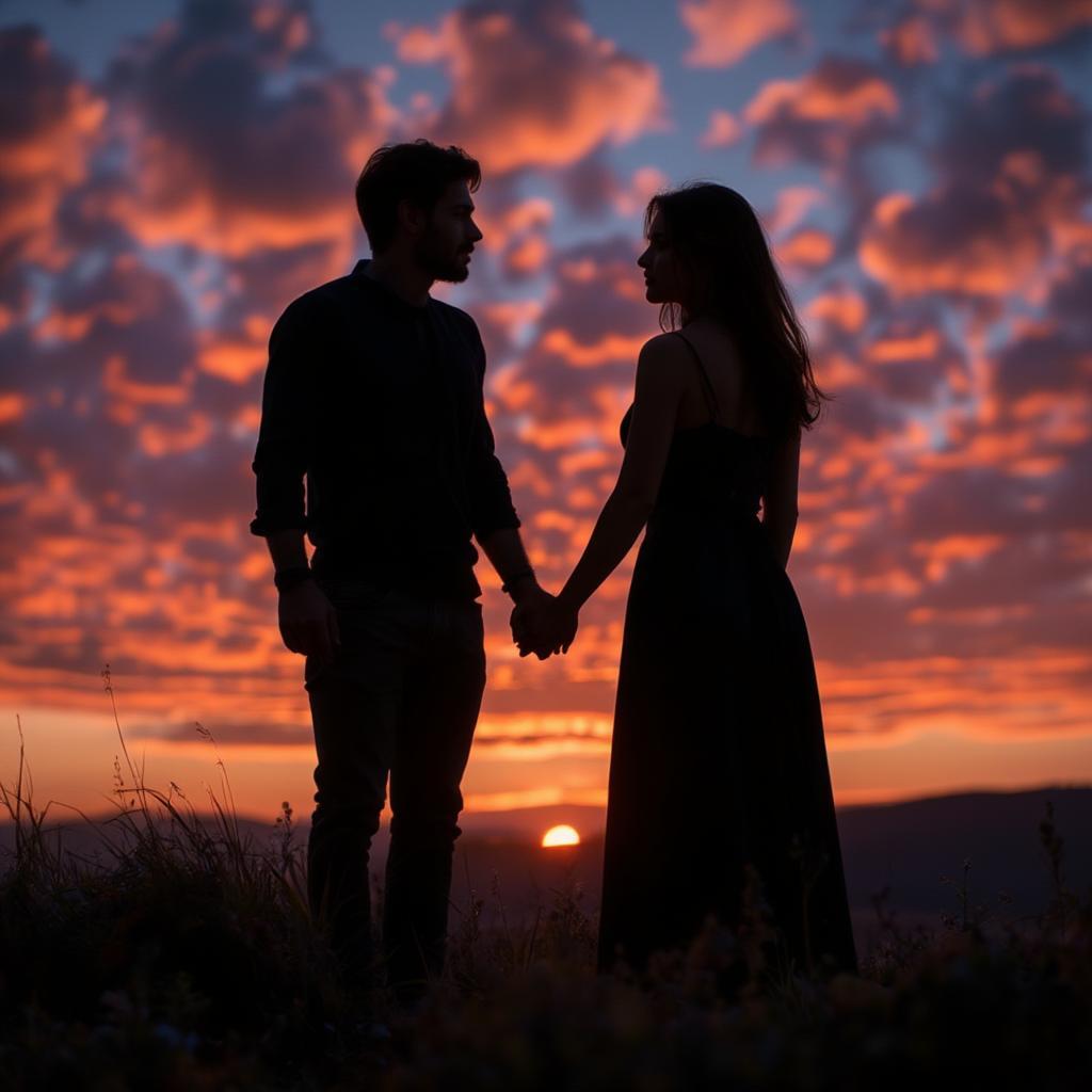 Couple holding hands at sunset