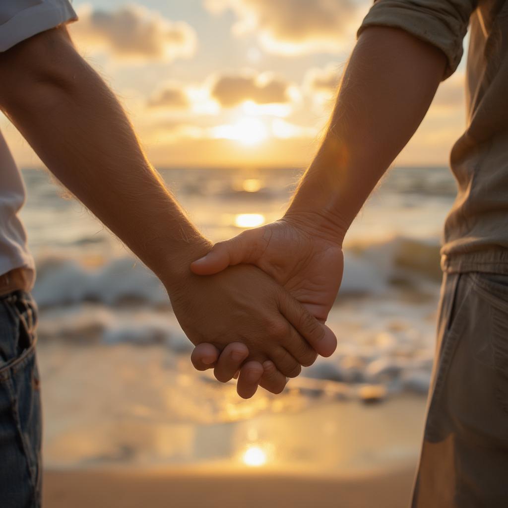 Couple holding hands on a sunset beach, symbolizing love and connection