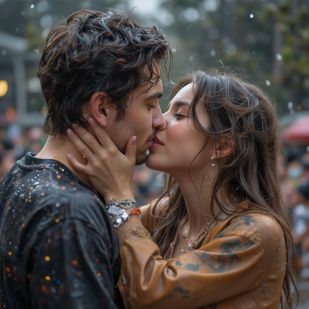 Romantic Couple Sharing a Kiss in the Rain