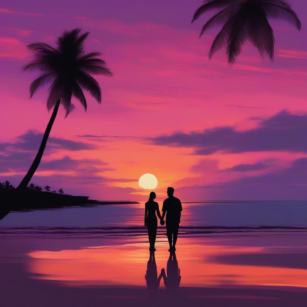 Couple silhouette at sunset on a beach