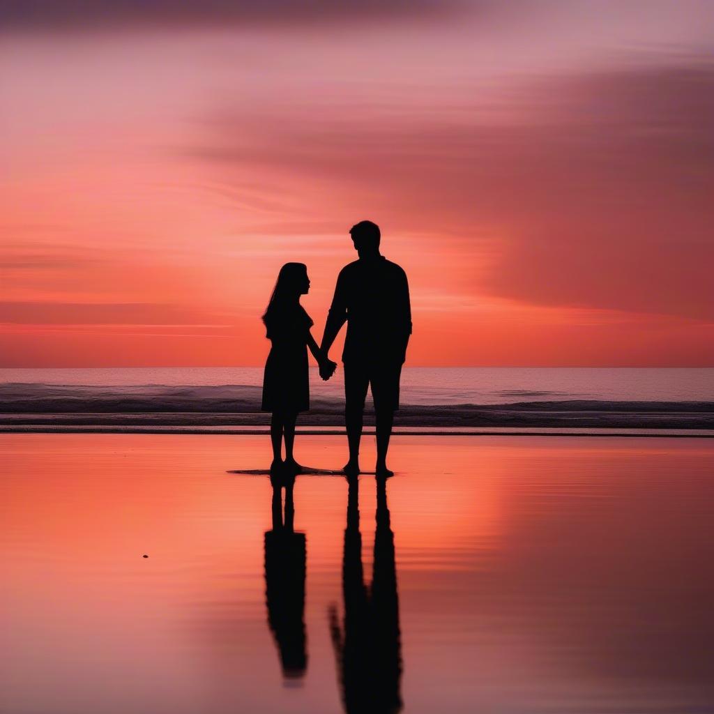 Couple Silhouetted Against a Sunset on a Beach