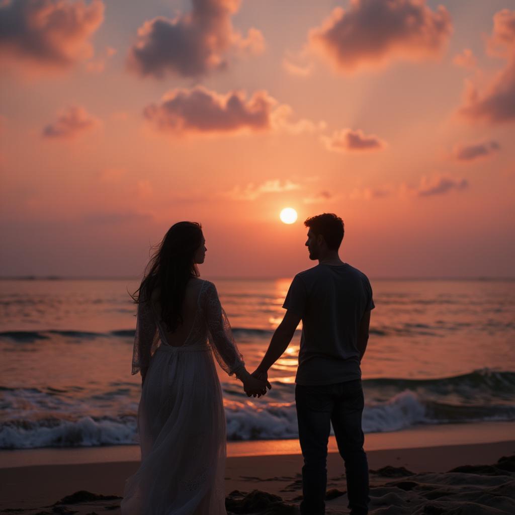 Romantic Couple Silhouetted Against a Vibrant Sunset on a Tropical Beach