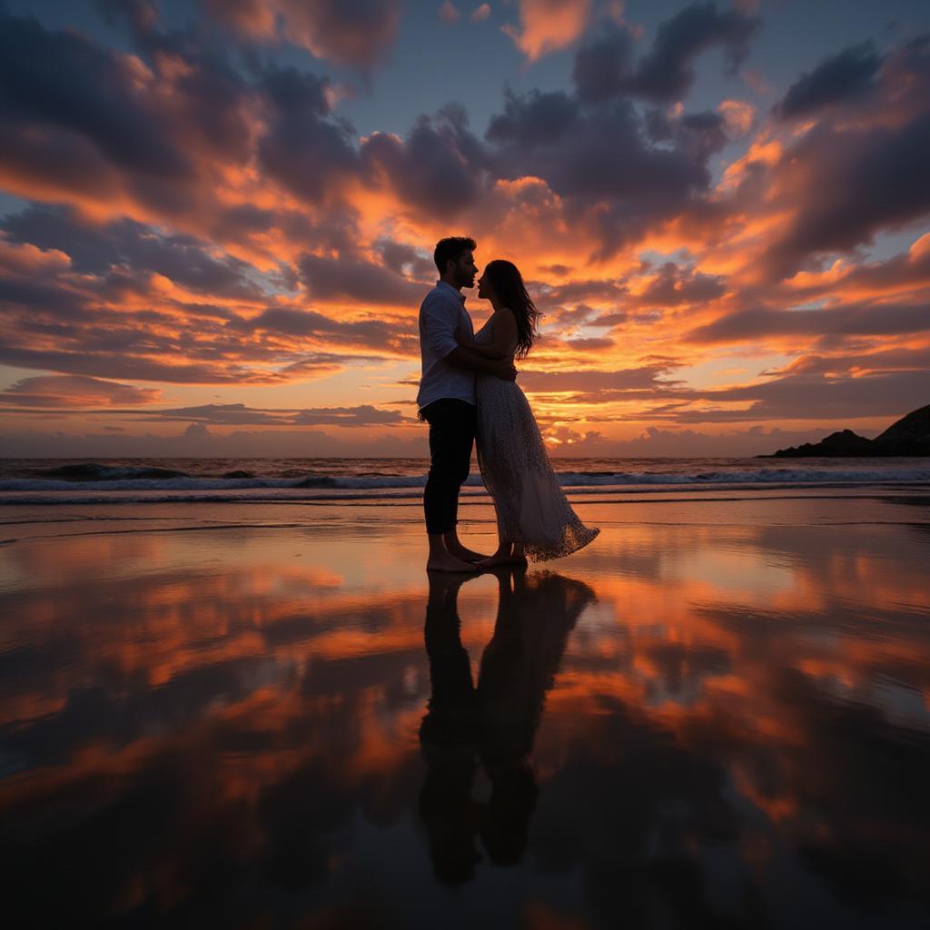 Couple watching sunset on a beach, embracing, romantic, love, relationship