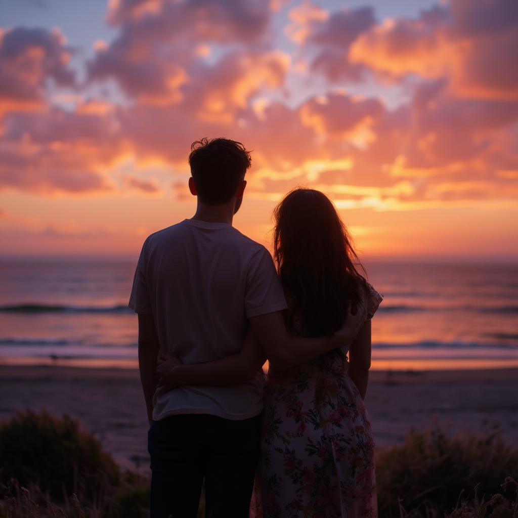 Couple watching sunset on beach, embracing, silhouettes against vibrant sky