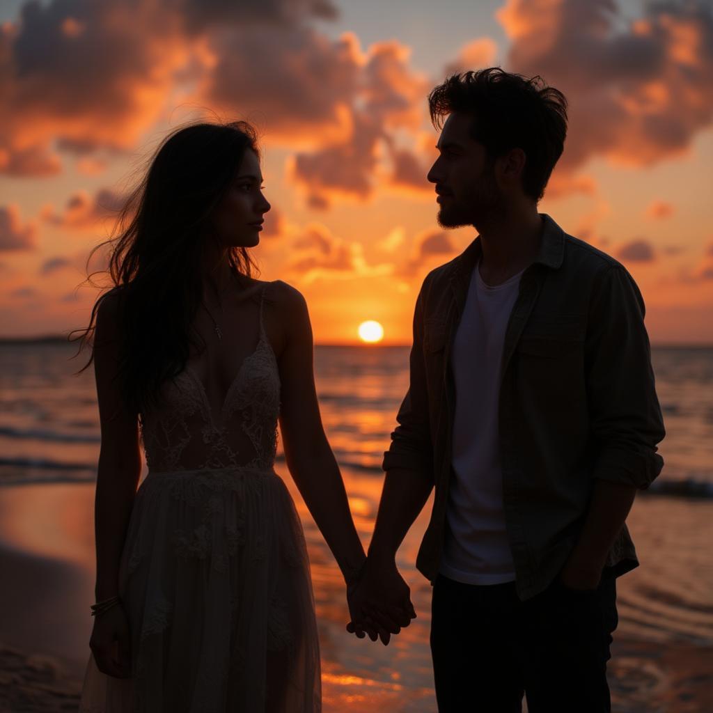 Couple sharing a romantic moment on a sunset beach