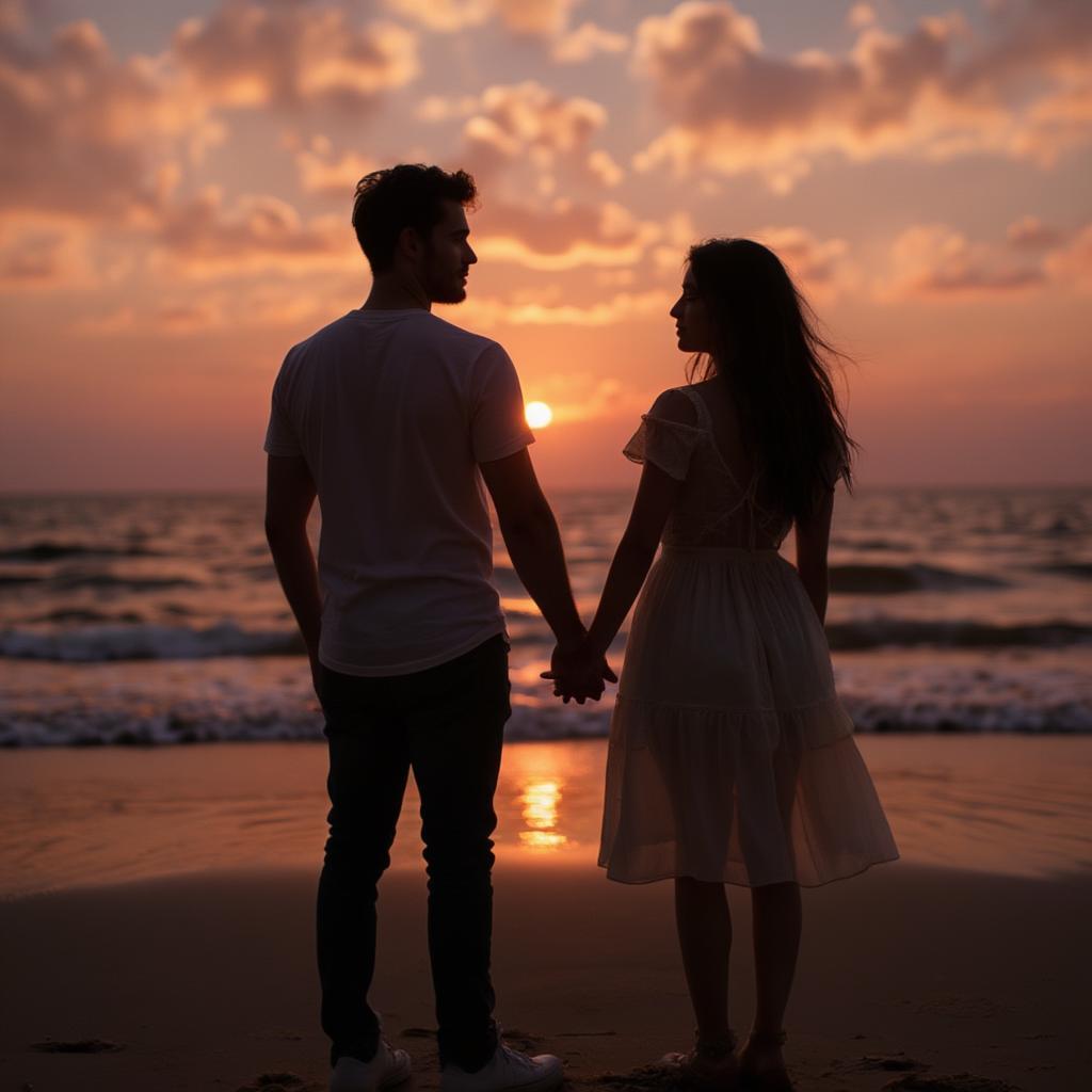 Couple sharing a romantic sunset on the beach