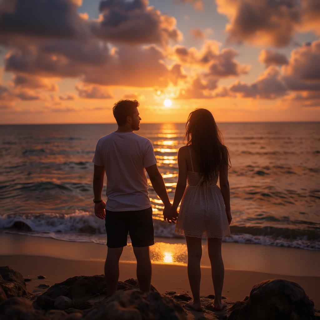 Couple watching sunset on a beach, embracing romantic love