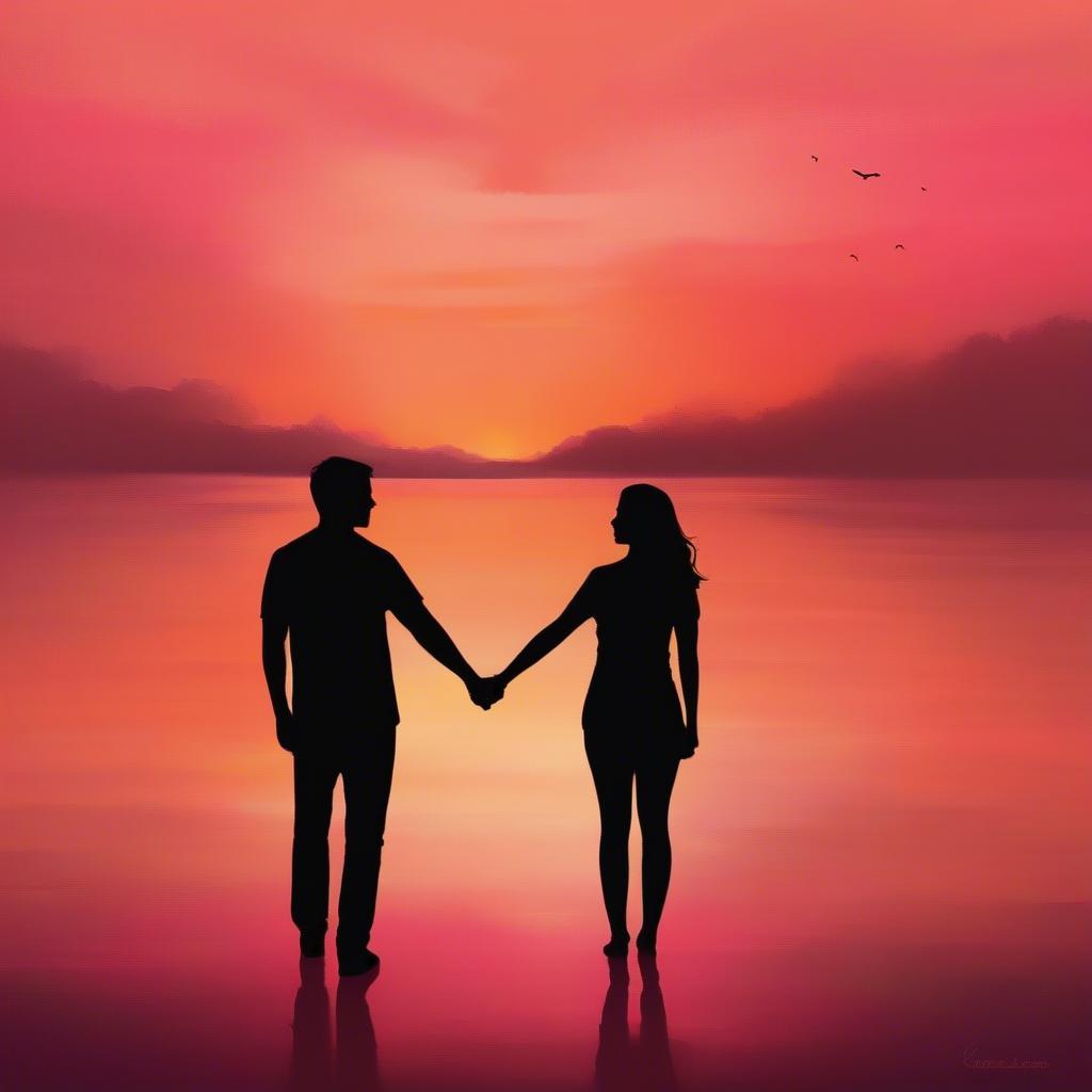 Couple silhouetted against a vibrant sunset, holding hands, with the quote "My heart is wherever you are." overlaid.